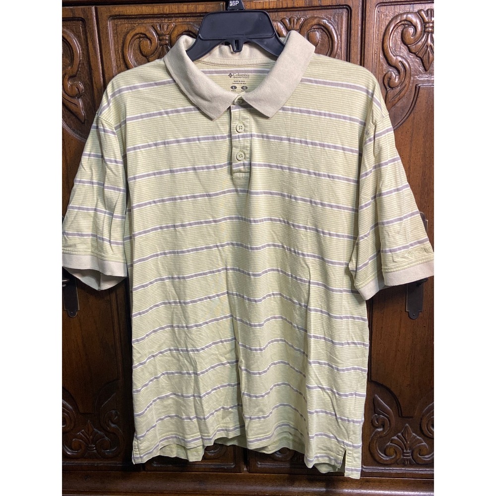 Columbia Mens Large Green Striped Short Sleeve Cotton Polo Shirt AM2681